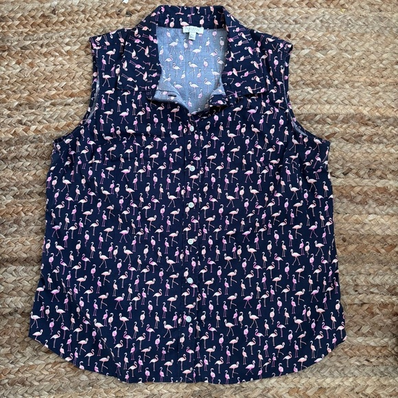 Talbots Large Petite Blue & Pink Flamingo Button Down Tank Top - Picture 1 of 6